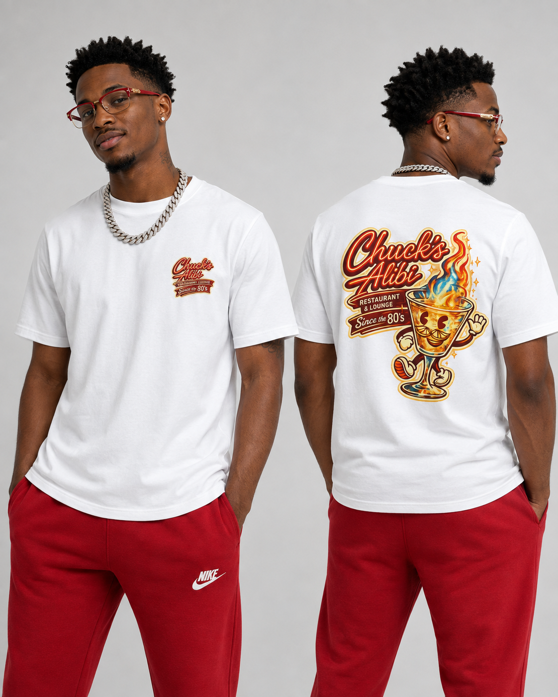 Chuck’s Alibi Flaming Cocktail | Vintage Philadelphia Bar Graphic Tee mockup 1
