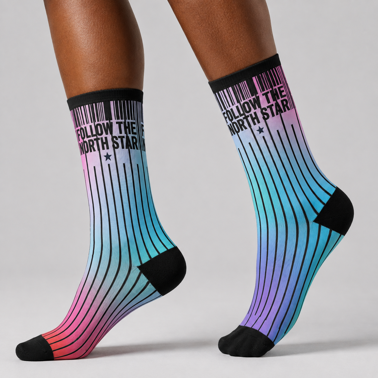 Follow the North Star Rainbow Pinstripe Crew Socks mockup 2