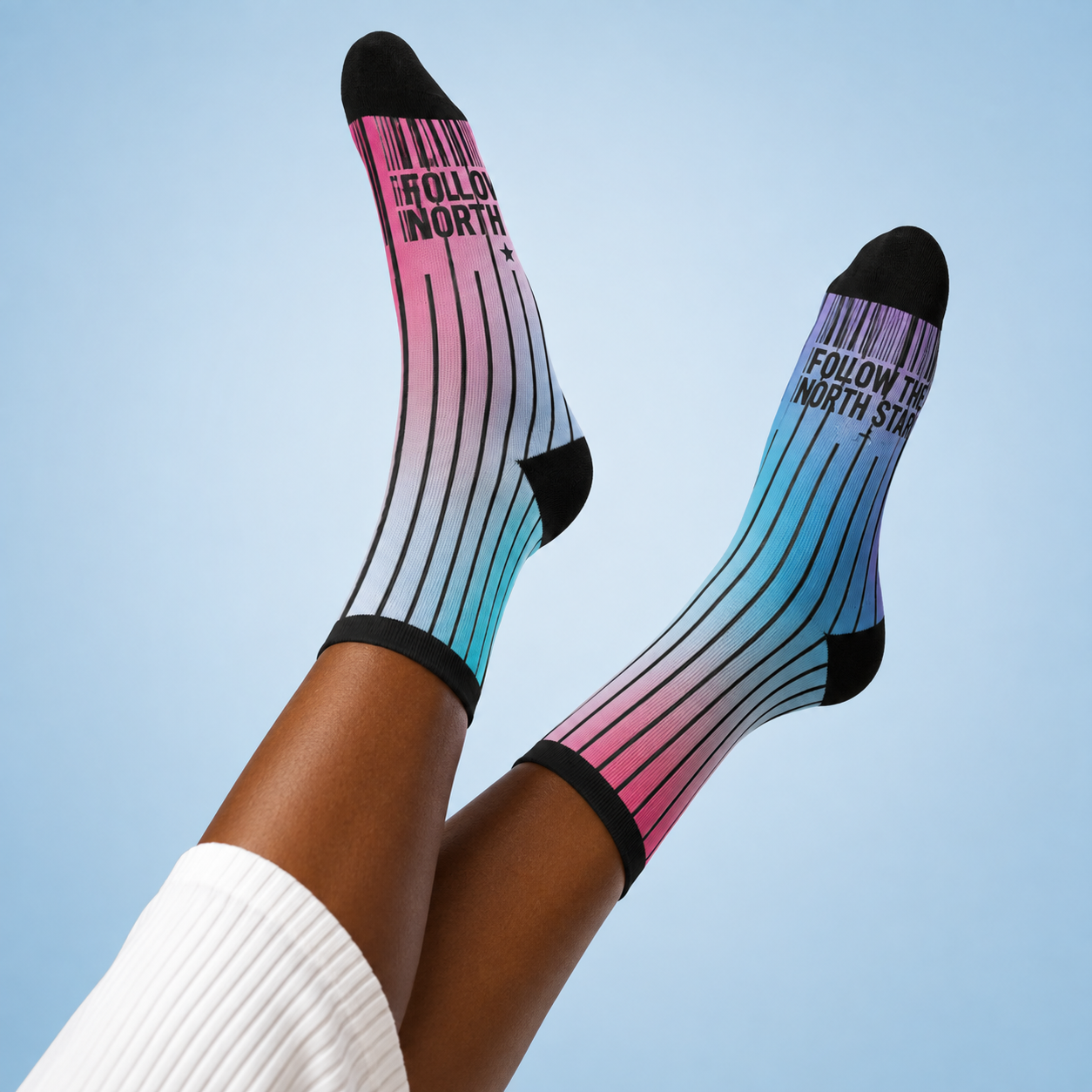 Follow the North Star Rainbow Pinstripe Crew Socks mockup 3