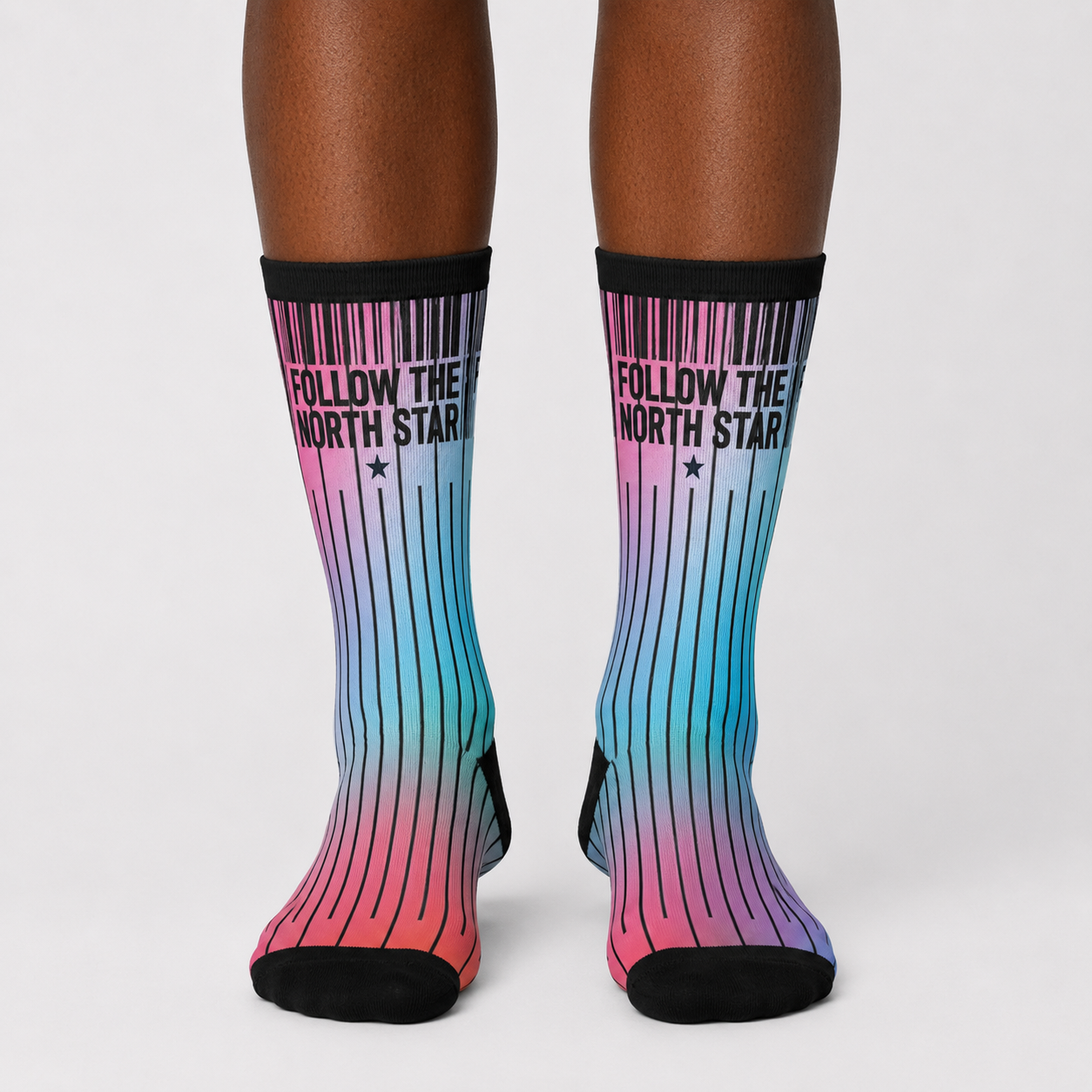 Follow the North Star Rainbow Pinstripe Crew Socks mockup 4