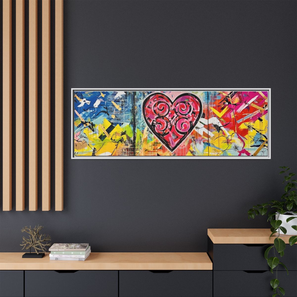 Framed Matte Canvas — Colorful Street-Art Heart Wall Art mockup 24