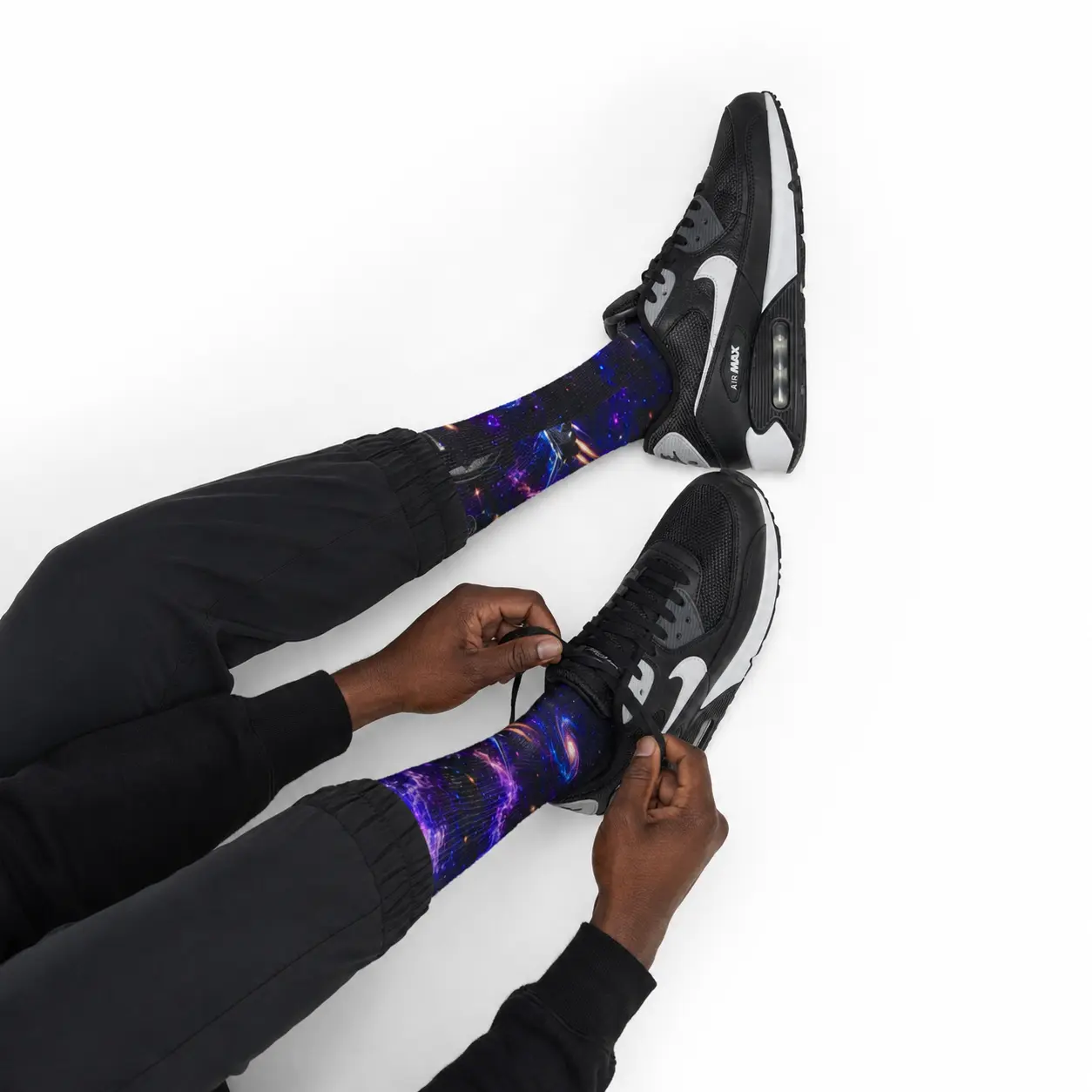 Galaxy nebula crew socks with purple, blue, indigo, and cosmic star artwork