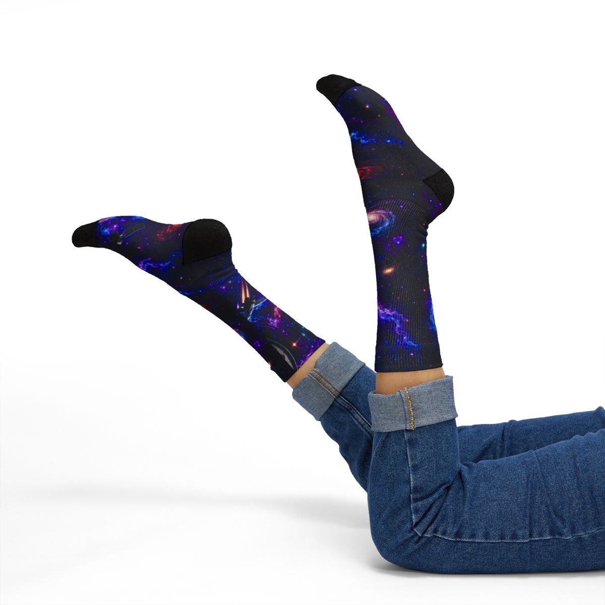 Galaxy Nebula Crew Socks | Purple Blue Cosmic Space Socks mockup 8