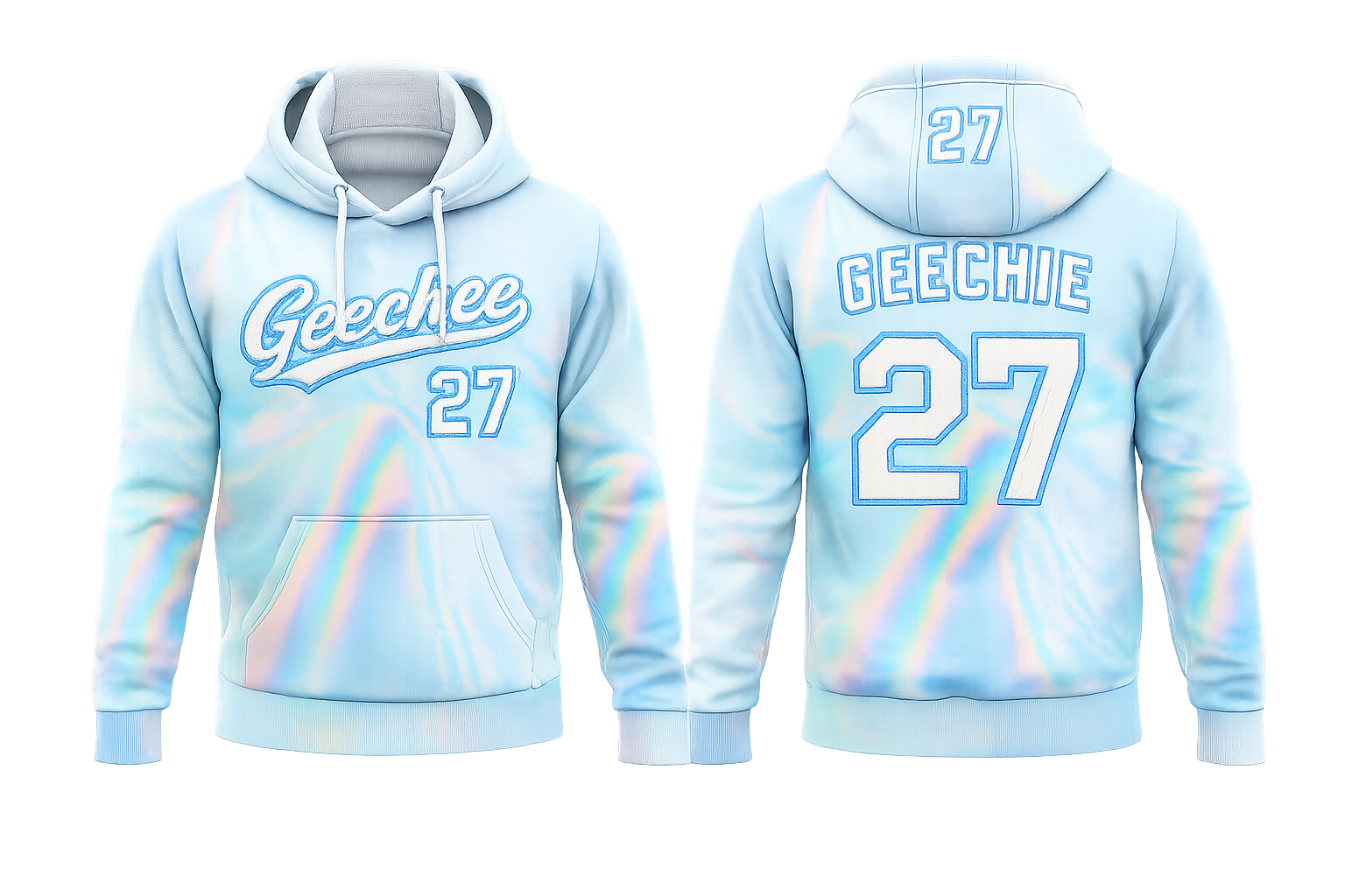Front and back product view of the iridescent GEECHIE 27 embroidered hoodie with pastel holographic details.