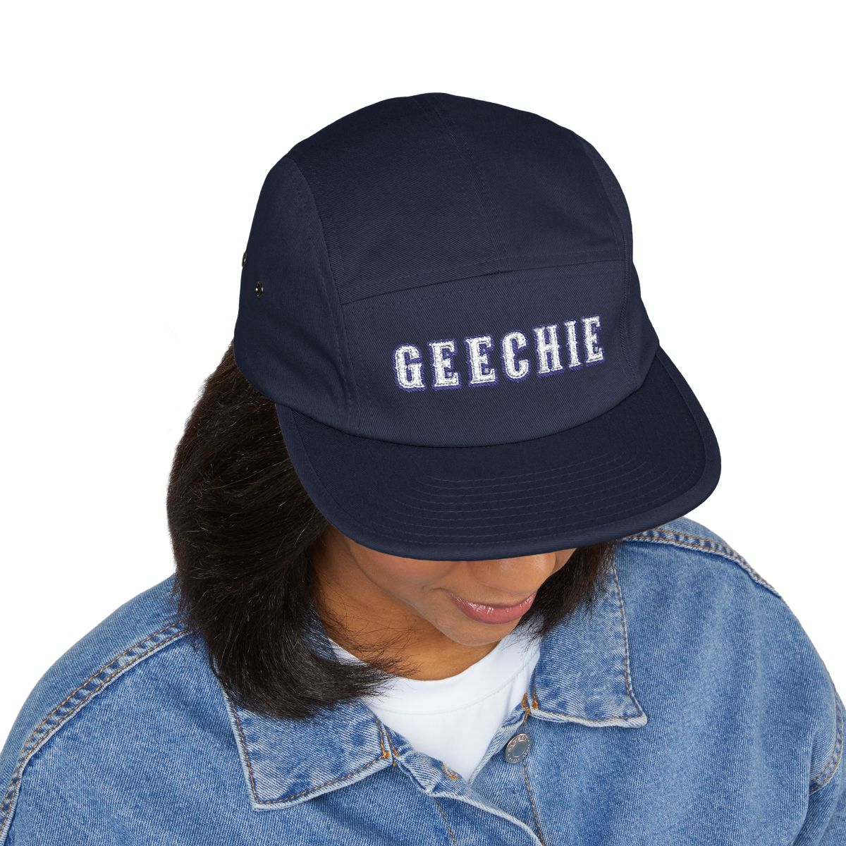 GEECHIE Camo Embroidered 5-Panel Cap | Gullah Geechee Heritage Camouflage Hat mockup 14