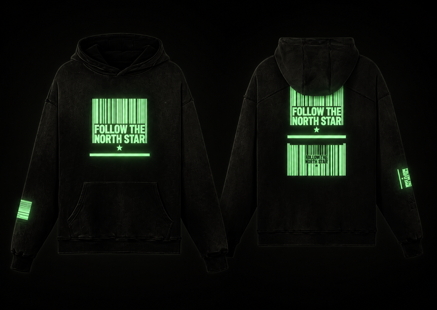 Glow-effect front and back view of the GEECHIE Follow the North Star hoodie