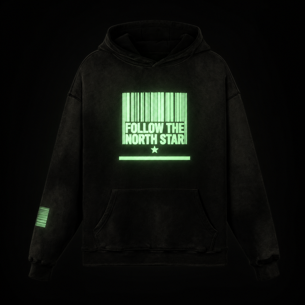 Glow-effect front view of the GEECHIE Follow the North Star hoodie