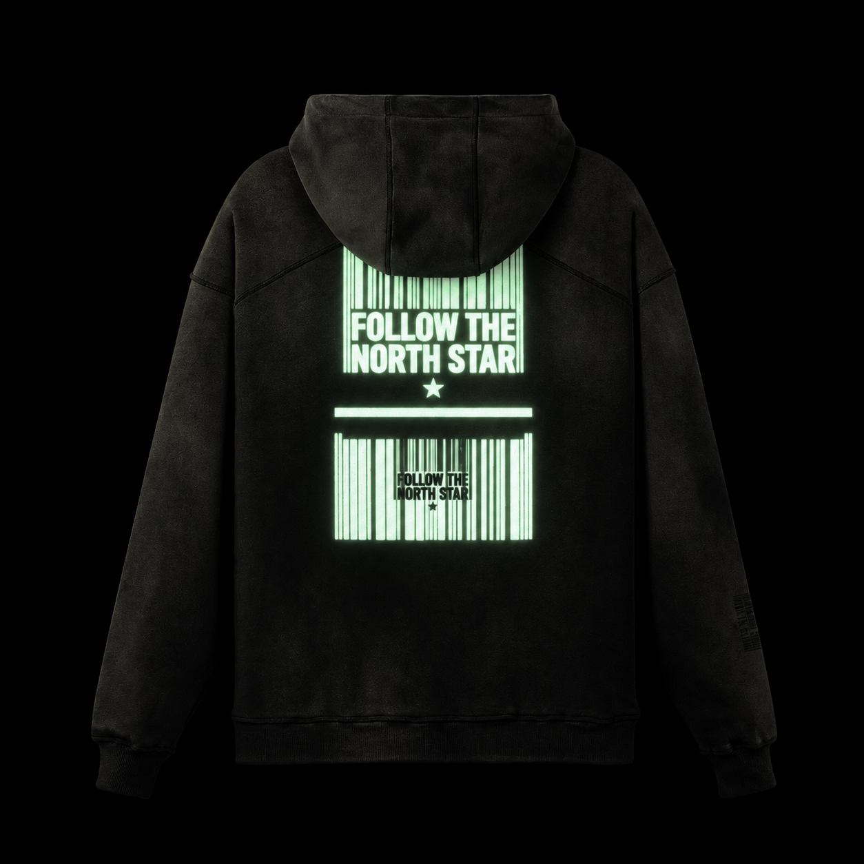 Glow-effect back view of the GEECHIE Follow the North Star hoodie