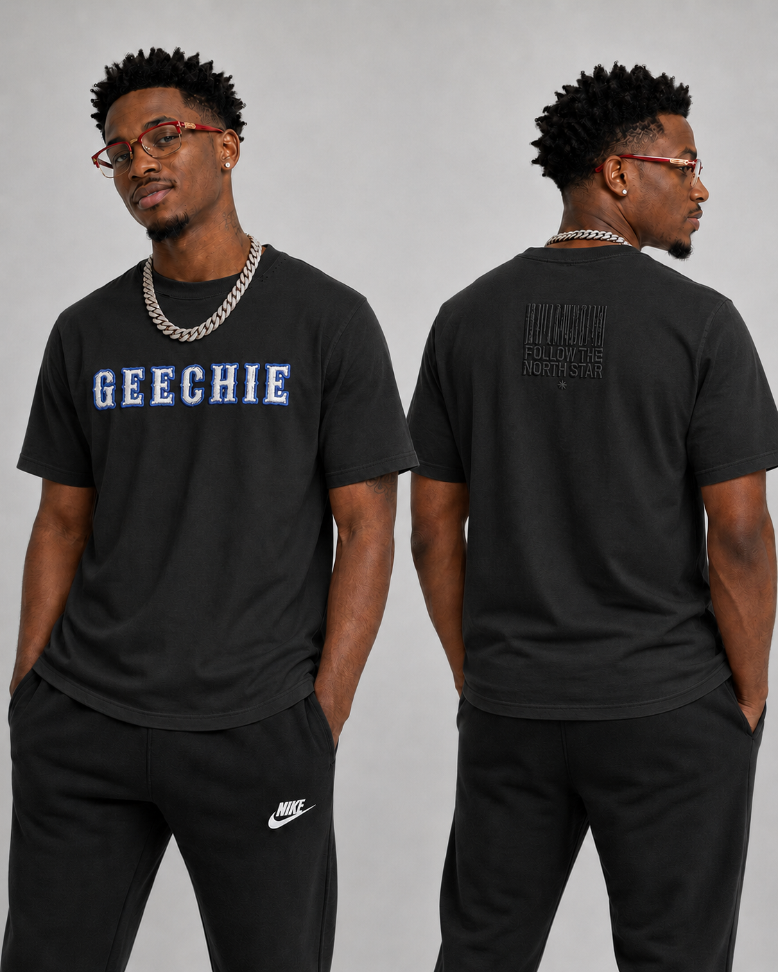 GEECHIE Follow the North Star embroidered black T-shirt with white, blue, and tonal black front and back embroidery.