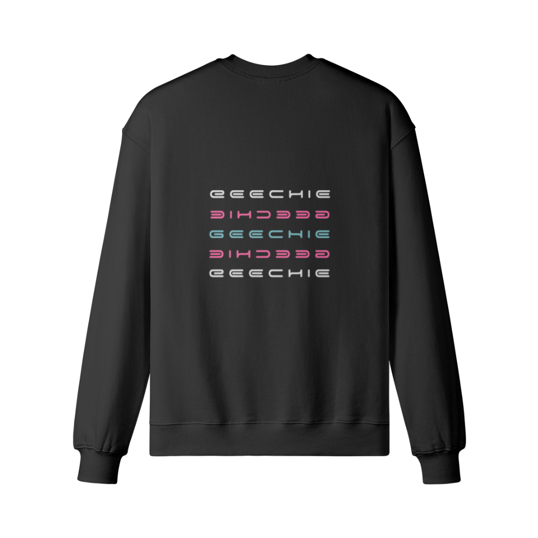 Black GEECHIE oversized sweatshirt back view with stacked pink, aqua and icy white lettering.