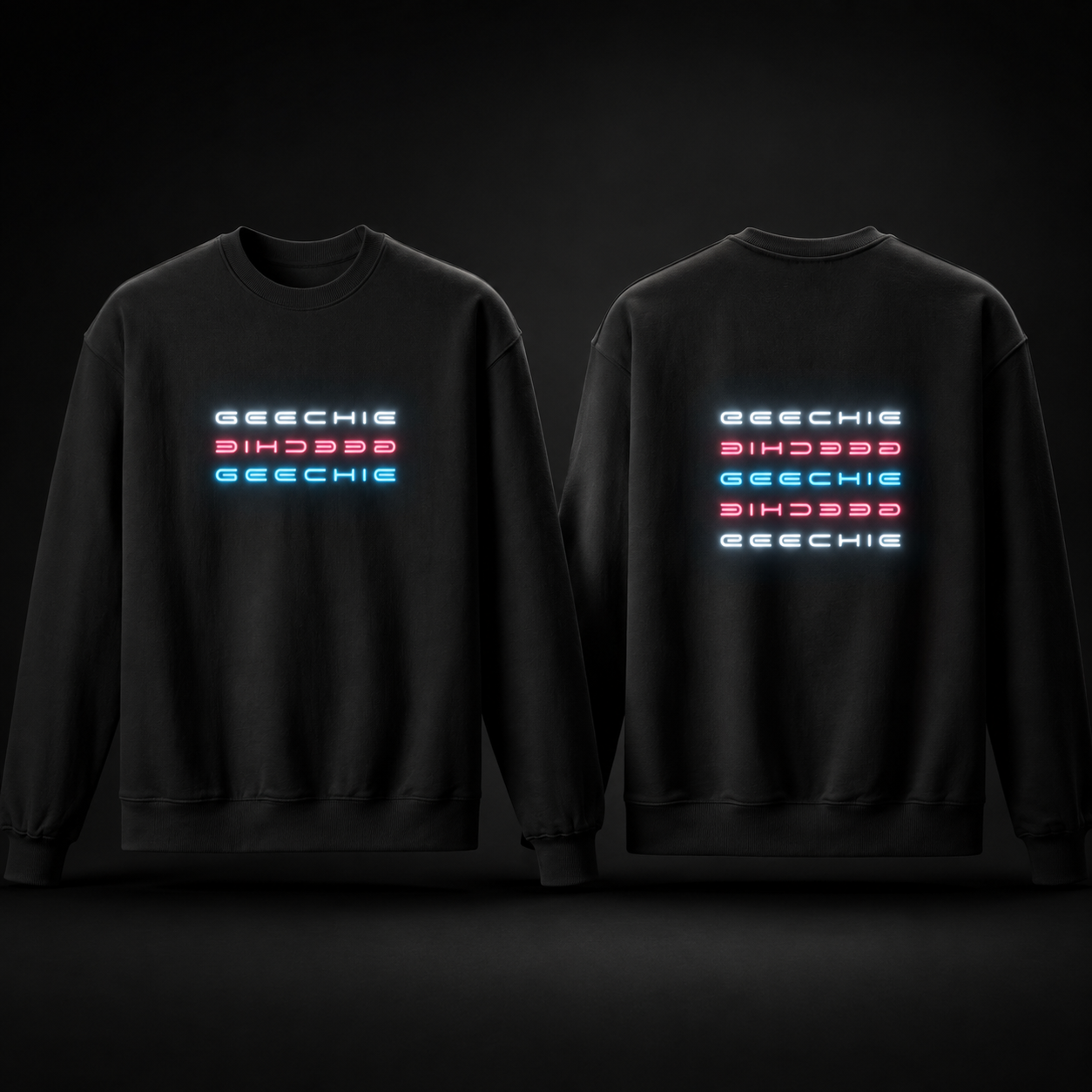 Black GEECHIE glow-in-the-dark oversized sweatshirt shown from the front and back with luminous pink, aqua and icy white lettering.