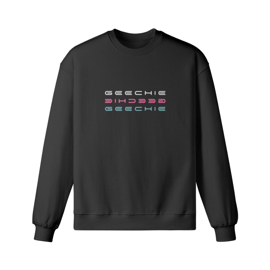 Black GEECHIE oversized sweatshirt front view with pink, aqua and icy white lettering.