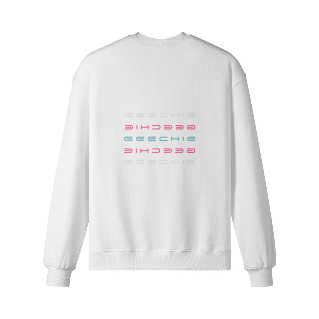 White GEECHIE oversized sweatshirt back view with stacked pink, aqua and icy white lettering.