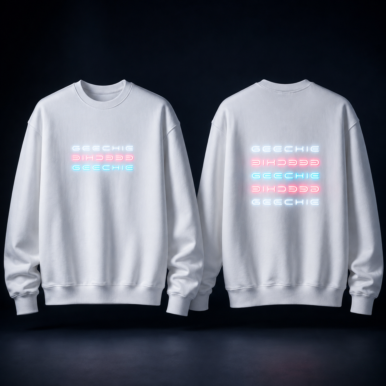 White GEECHIE glow-in-the-dark oversized sweatshirt shown from the front and back with luminous pink, aqua and icy white lettering.