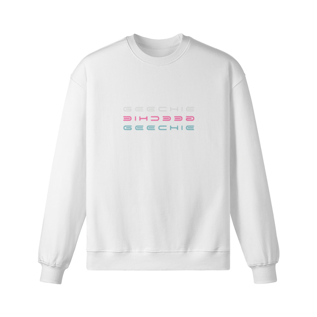 White GEECHIE oversized sweatshirt front view with pink, aqua and icy white lettering.