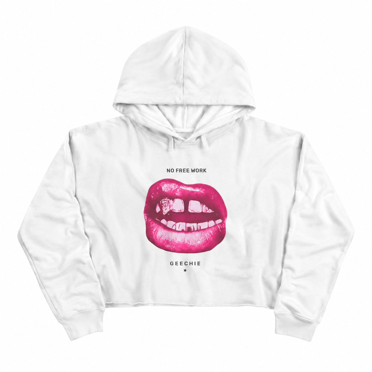 White GEECHIE No Free Work cropped hoodie with pink lips graphic