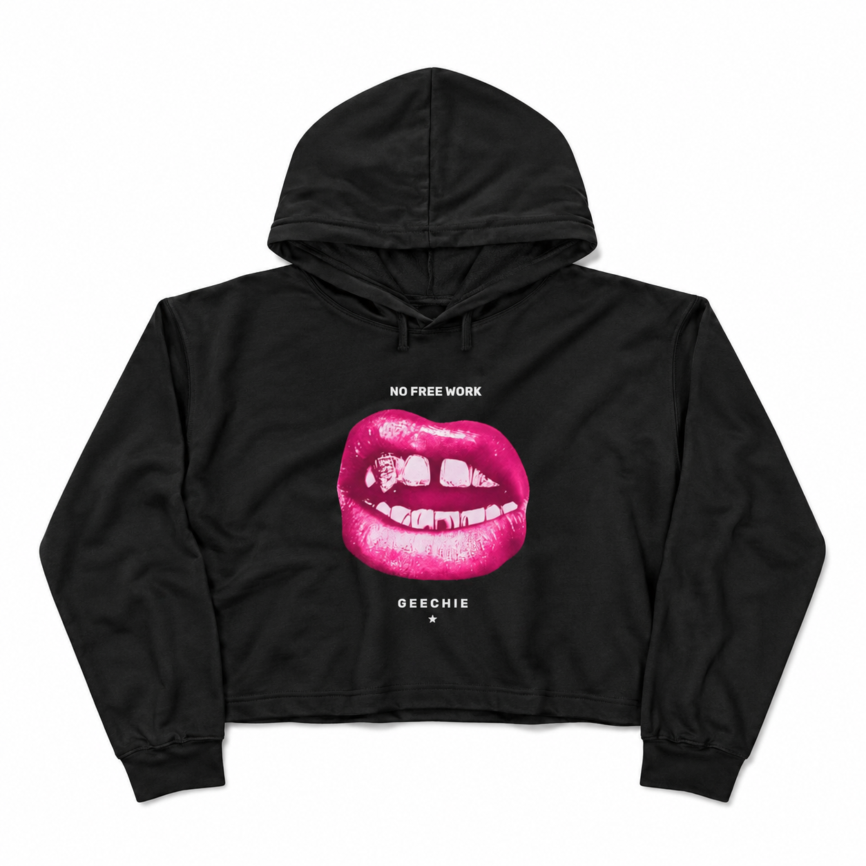 GEECHIE “No Free Work” Saint Germain Pink Lips Cropped Hoodie