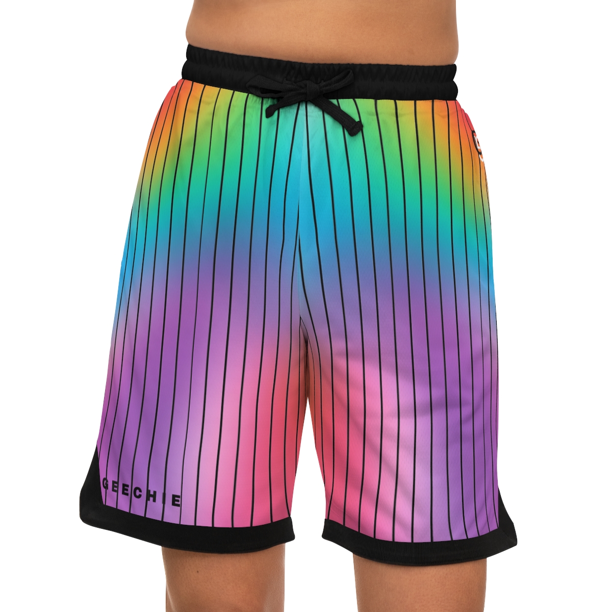 GEECHIE Rainbow Pinstripe Basketball Shorts | Unisex Streetwear mockup 5