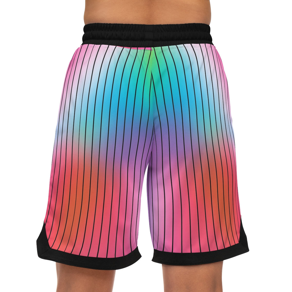 GEECHIE Rainbow Pinstripe Basketball Shorts | Unisex Streetwear mockup 6