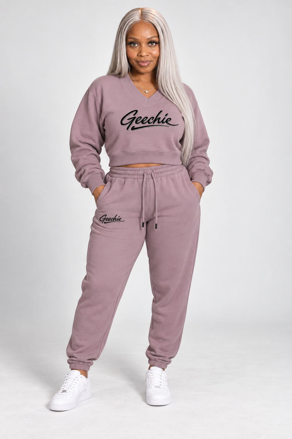 GEECHIE Women’s Crop V-Neck Sweatshirt — Black color mockup 2