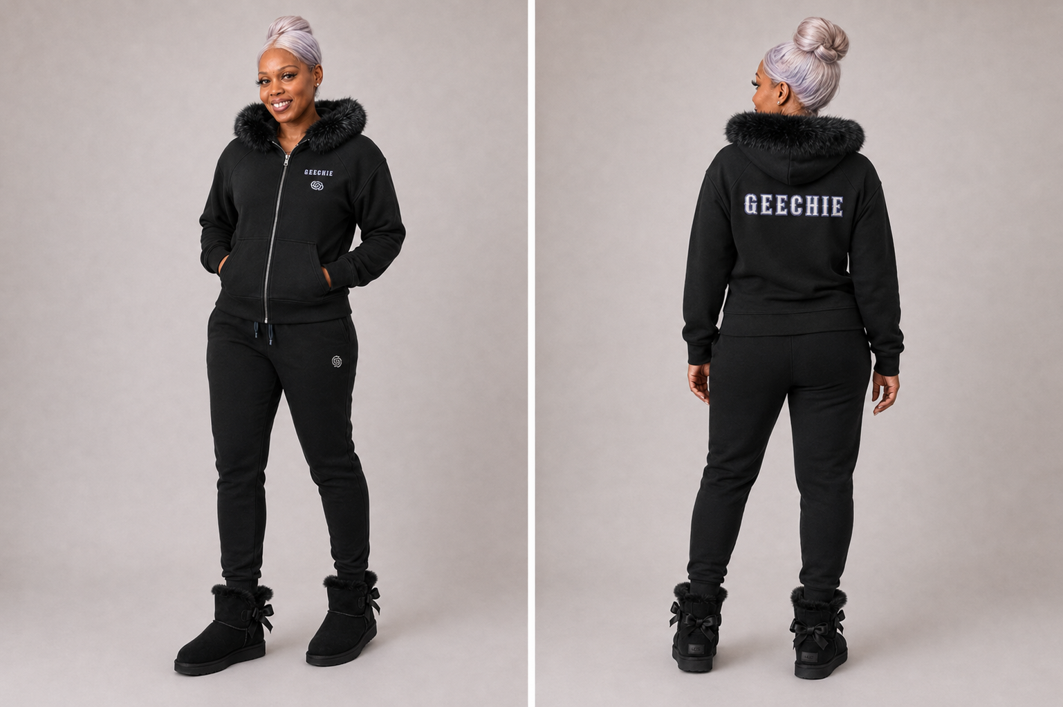 GEECHIE Women’s Faux Fur Embroidered Full-Zip Hoodie front view.