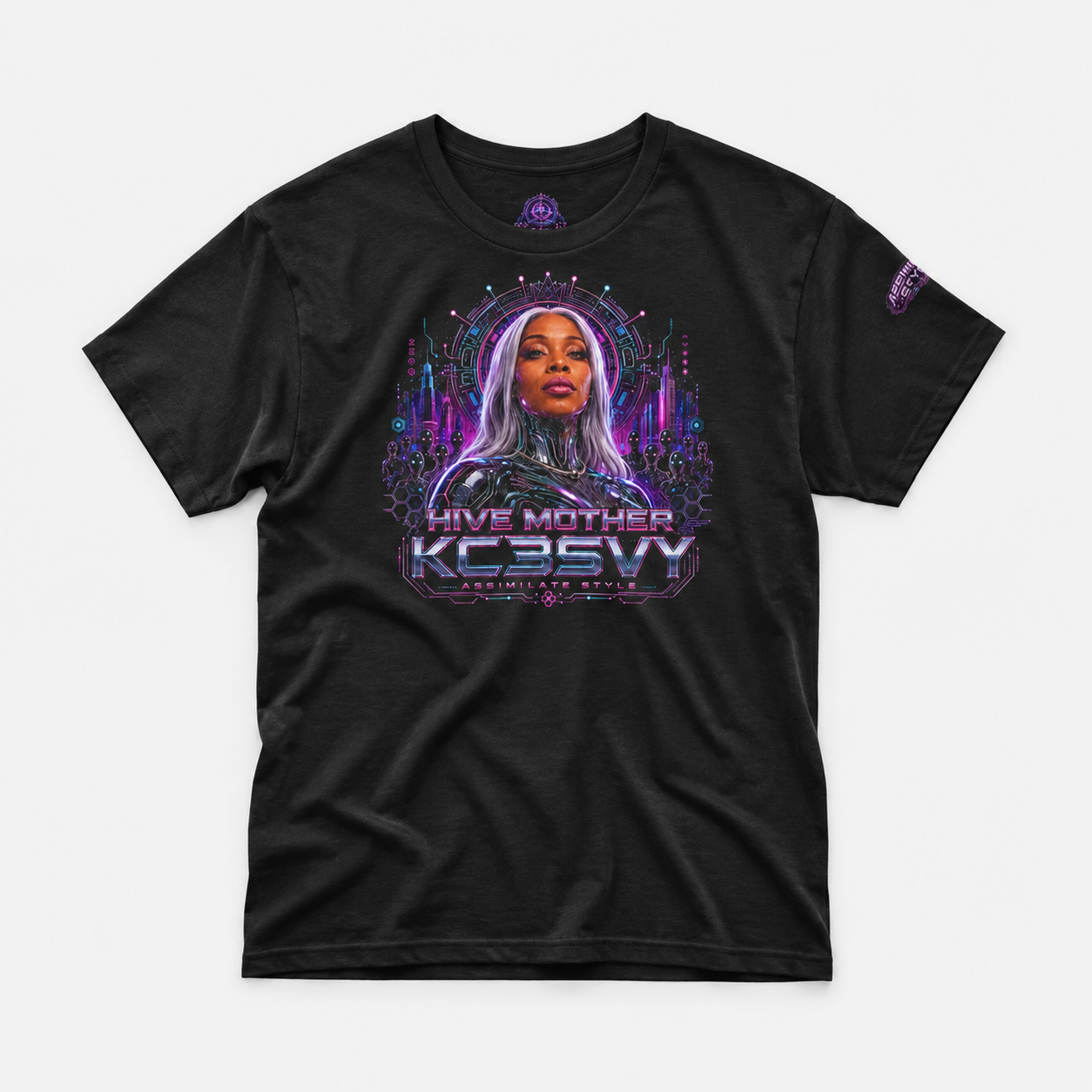 Hive Mother KC3SVY Cyberpunk Queen | Afro Futuristic Sci-Fi Graphic Tee mockup 1