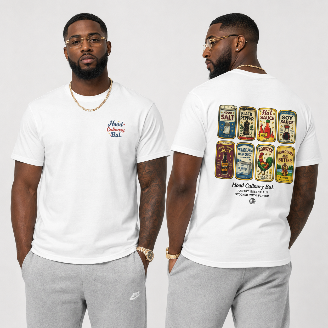 Hood Culinary BuL Pantry Essentials | Vintage Food Label Streetwear Tee mockup 1