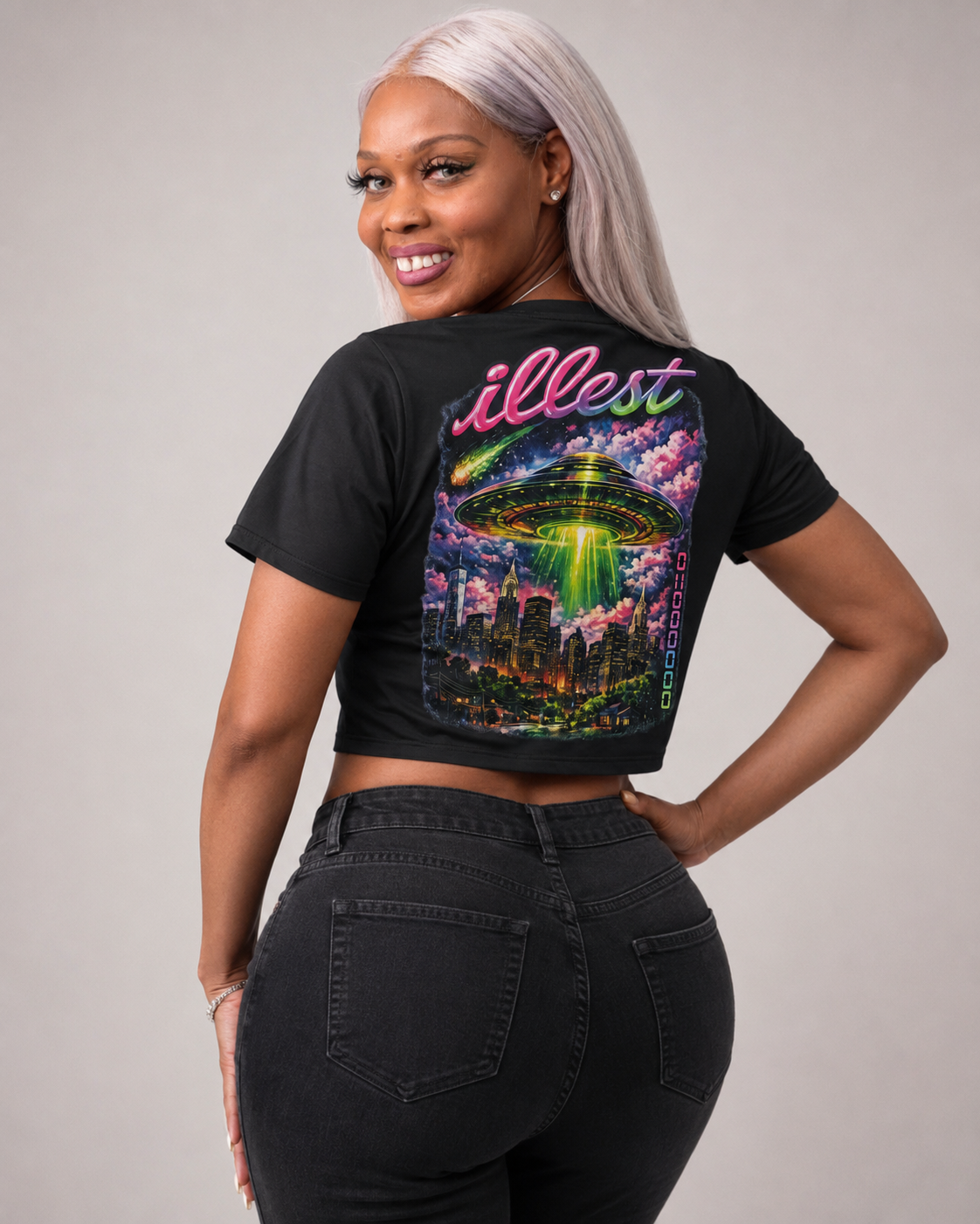 Illest Philadelphia UFO Crop Top | Neon Alien Graphic mockup 2