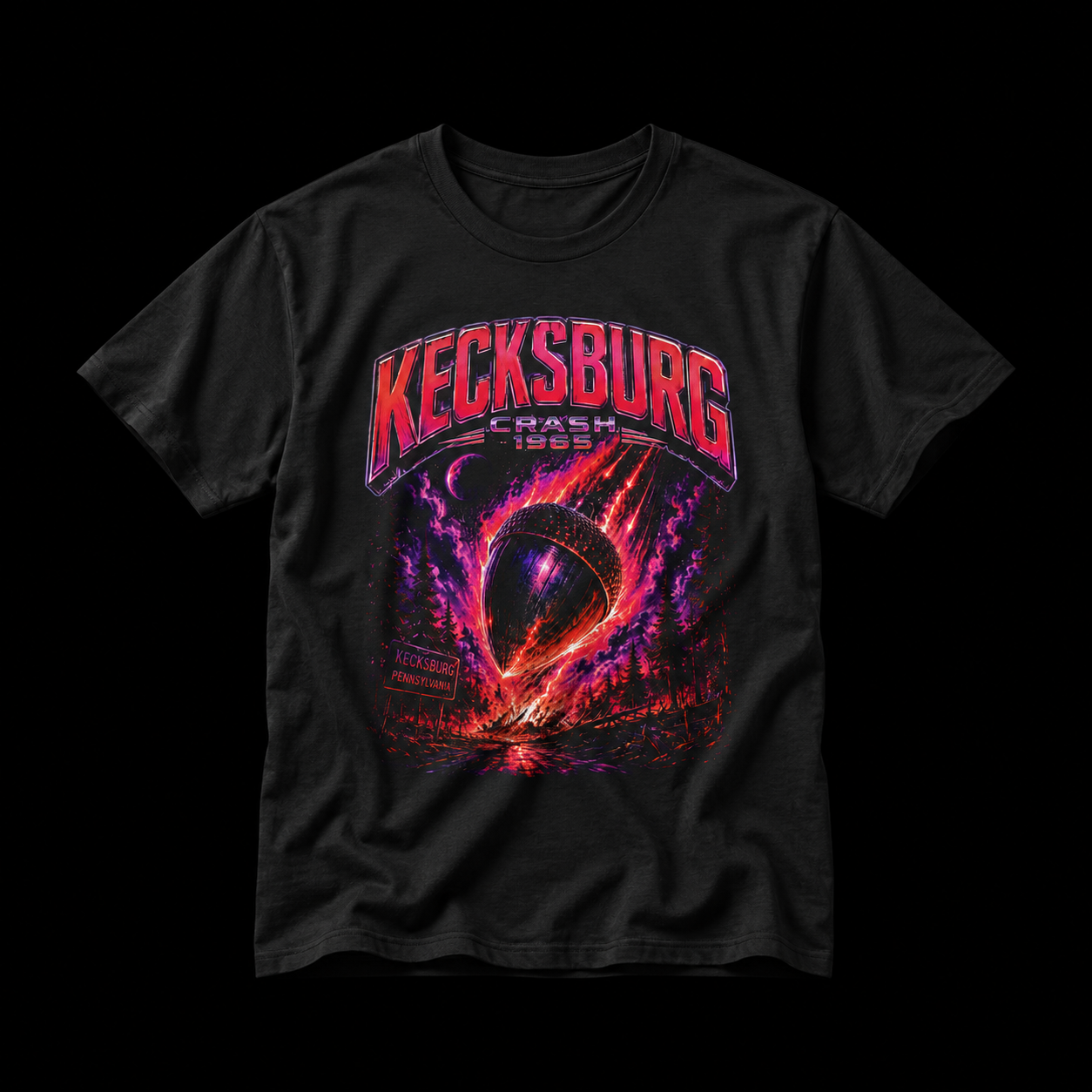 Kecksburg Crash 1965 T-Shirt | Pennsylvania UFO Mystery Tee | Retro Neon Alien Sci-Fi Graphic Shirt
