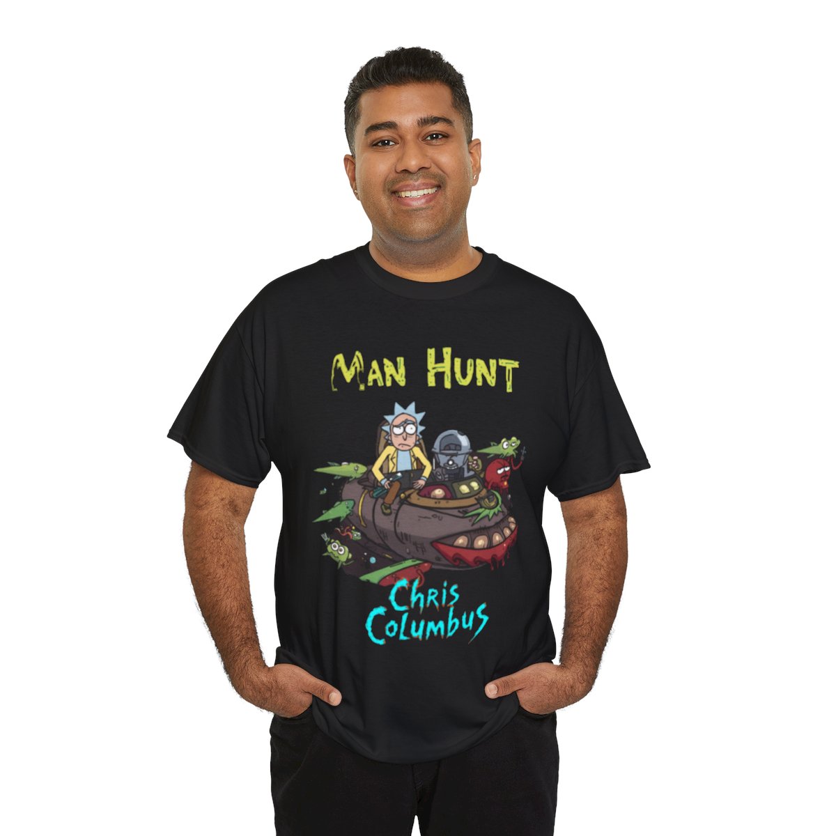 Man Hunt Morty Style Chris Columbus T-Shirt | Cartoon Sci‑Fi Adventure mockup 1