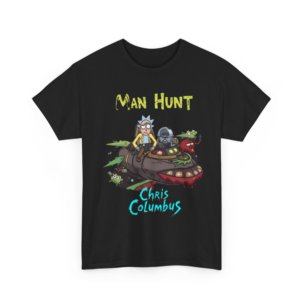 Man Hunt Morty Style Chris Columbus T-Shirt | Cartoon Sci‑Fi Adventure mockup 2