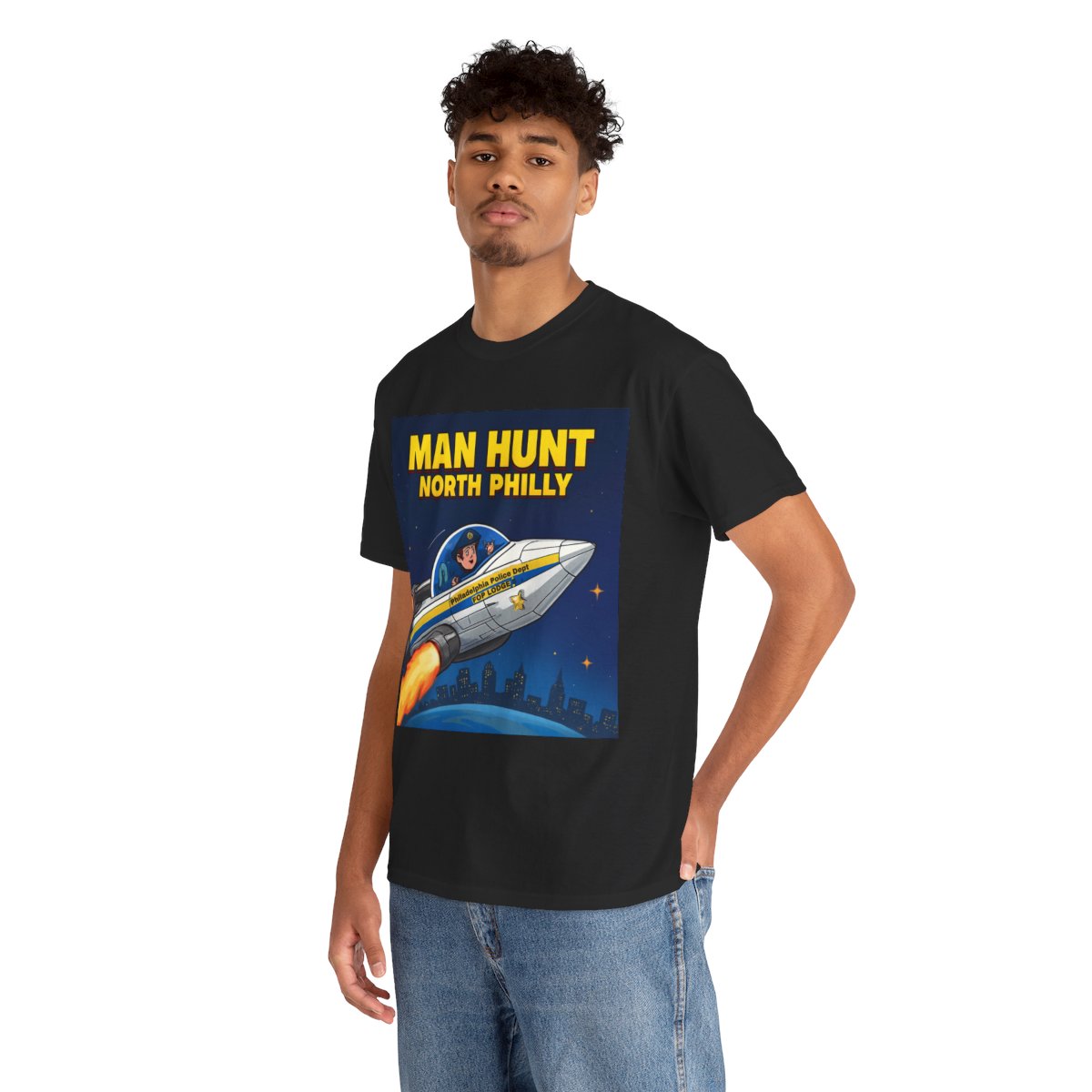 Man Hunt North Philly PPD Rocket Ship Tee  mockup 1