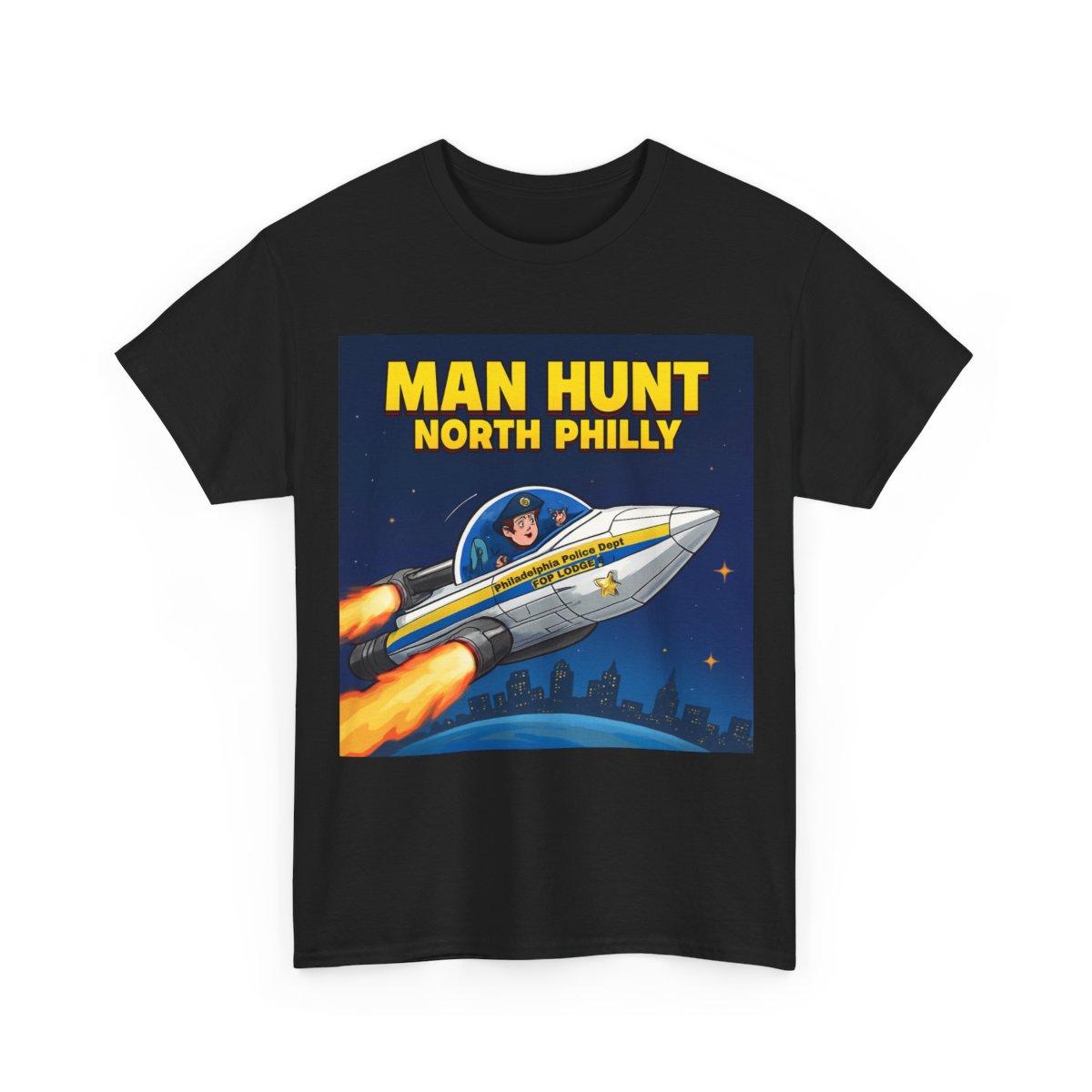 Man Hunt North Philly PPD Rocket Ship Tee  mockup 2