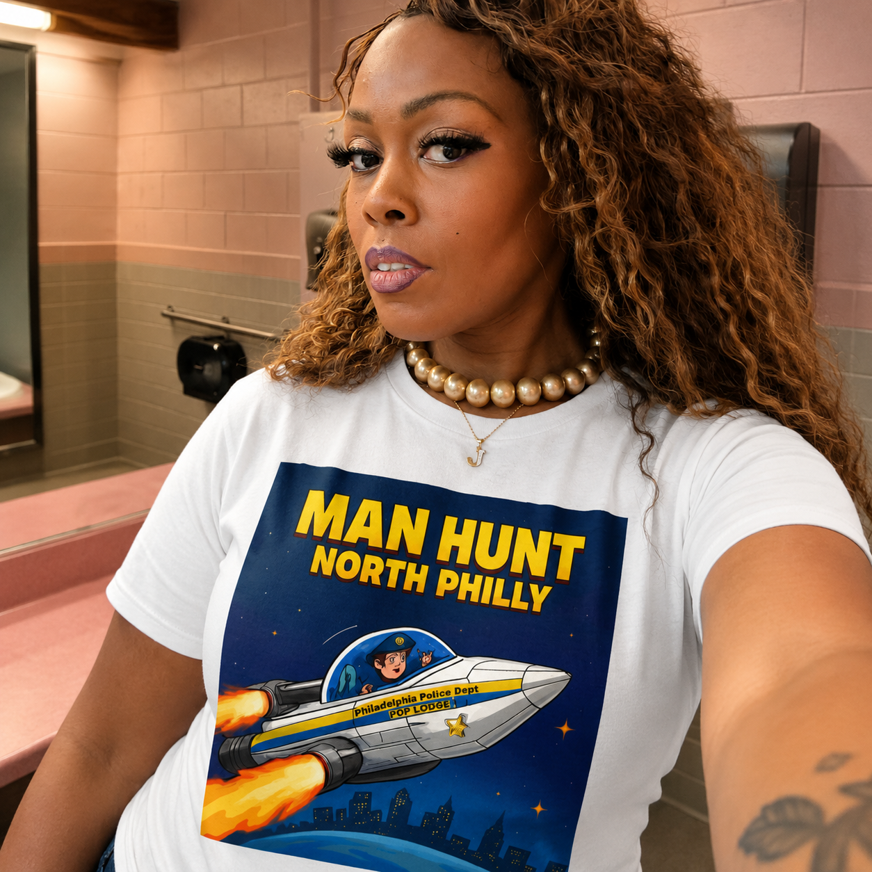 Man Hunt North Philly PPD Rocket Ship Tee  mockup 3