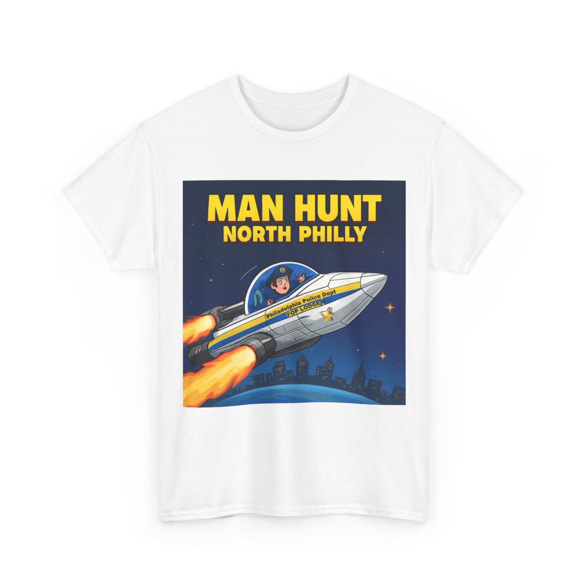 Man Hunt North Philly PPD Rocket Ship Tee  mockup 4