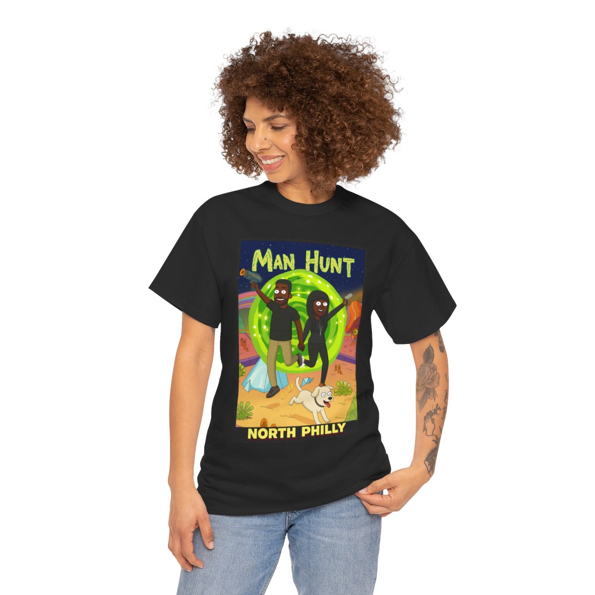 Man Hunt North Philly Retro Sci‑Fi Alien Hunt Graphic T-Shirt mockup 1