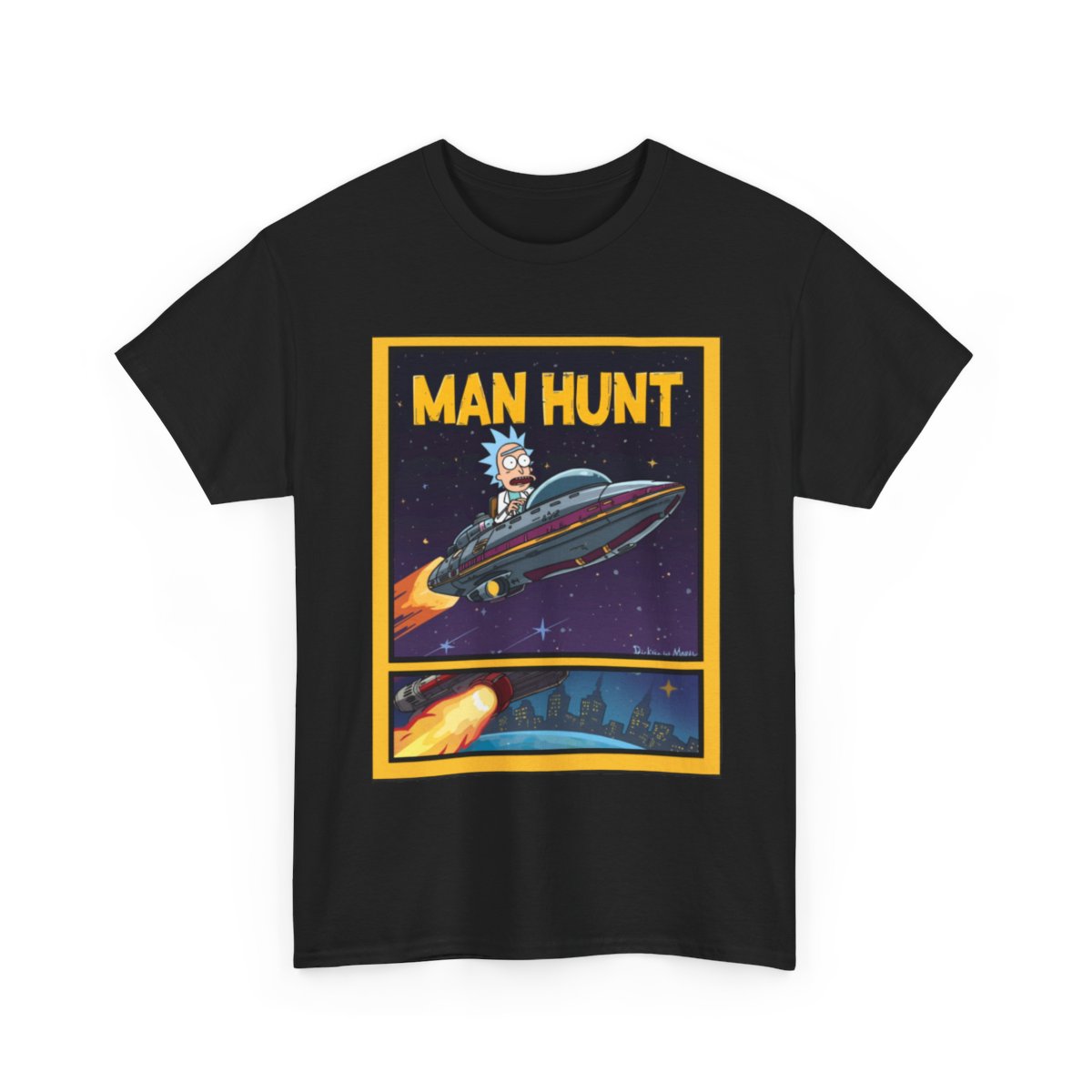 Man Hunt North Philly Sci-Fi Spaceship T-Shirt | Retro Cartoon Astronaut Tee mockup 2