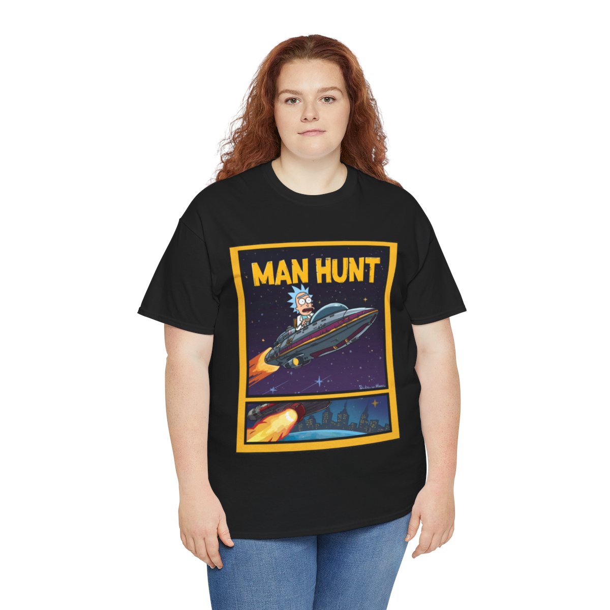 Man Hunt sci-fi spaceship tee | Rick-style cartoon astronaut graphic mockup 1