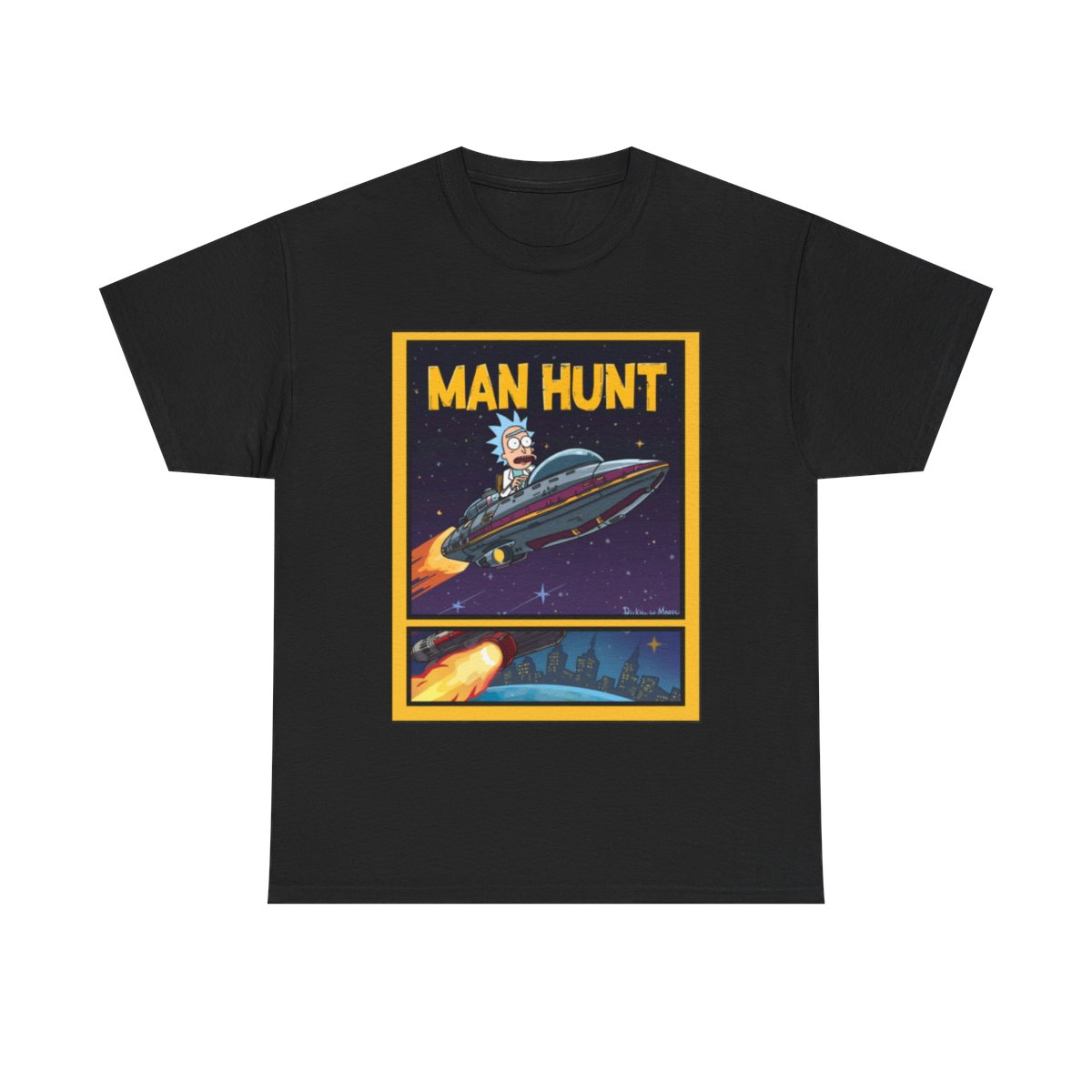 Man Hunt sci-fi spaceship tee | Rick-style cartoon astronaut graphic full front shirt mockup