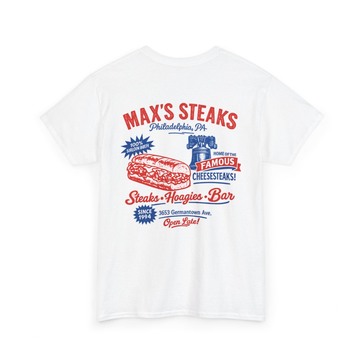Max’s Steaks Famous Philadelphia Cheesesteak | Vintage Philly Food Graphic Tee mockup 3