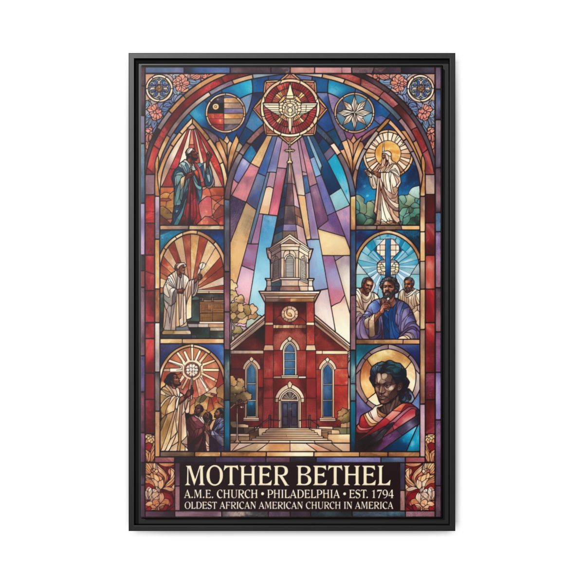 Mother Bethel Stained Glass Canvas Print — Framed Church Wall Art mockup 1