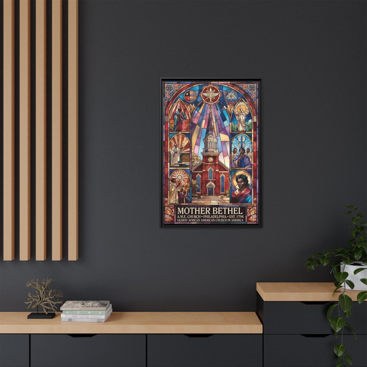 Mother Bethel Stained Glass Canvas Print — Framed Church Wall Art mockup 3