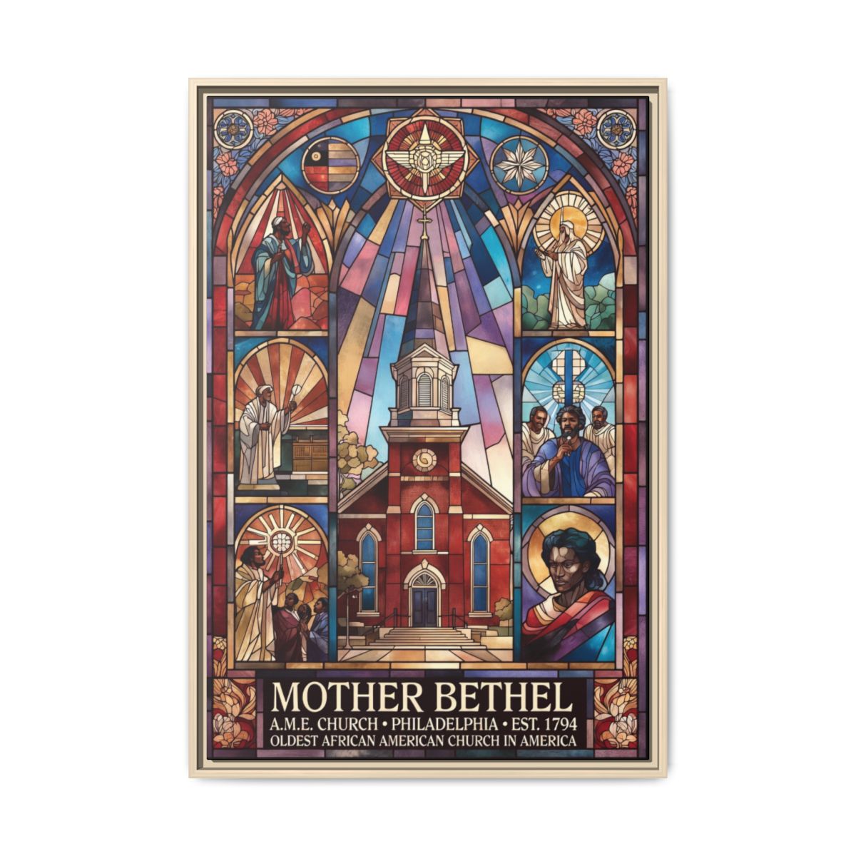 Mother Bethel Stained Glass Canvas Print — Framed Church Wall Art mockup 4