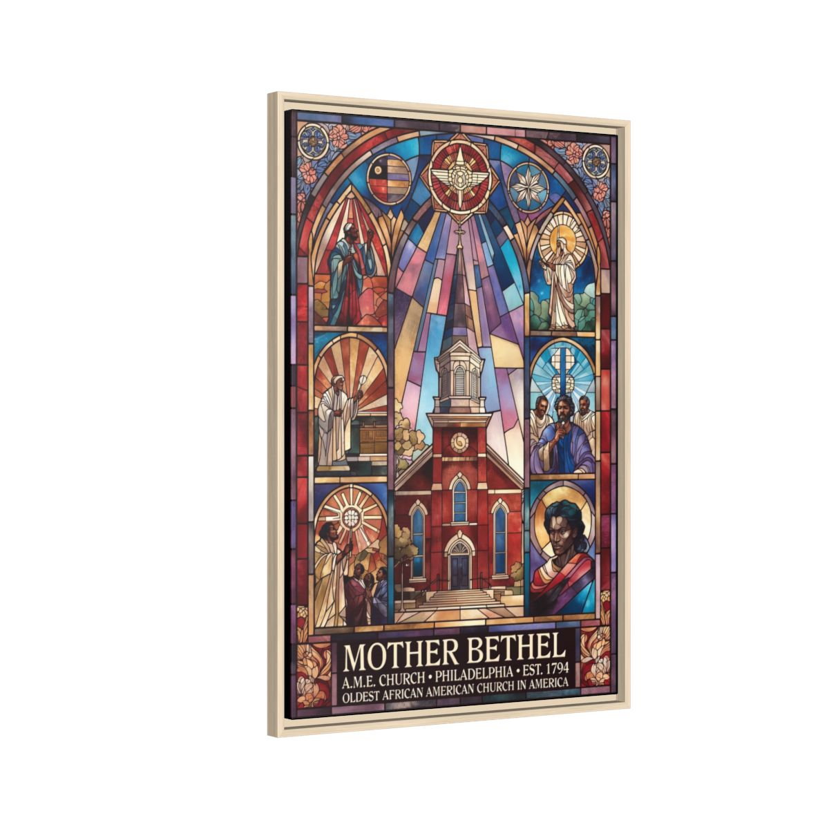 Mother Bethel Stained Glass Canvas Print — Framed Church Wall Art mockup 5