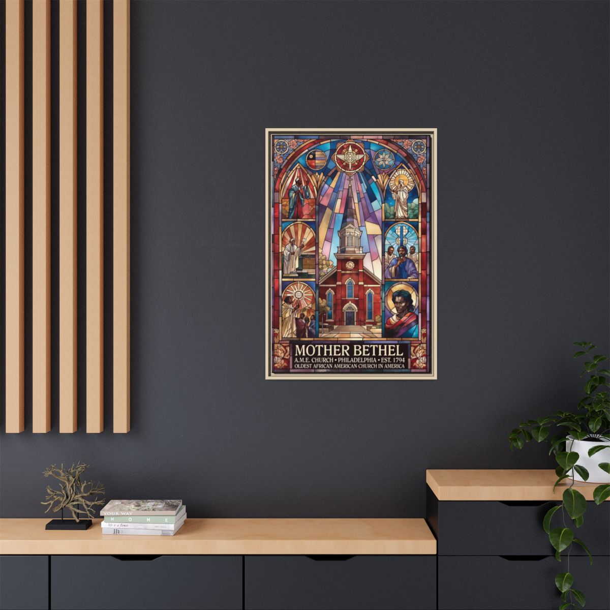 Mother Bethel Stained Glass Canvas Print — Framed Church Wall Art mockup 6
