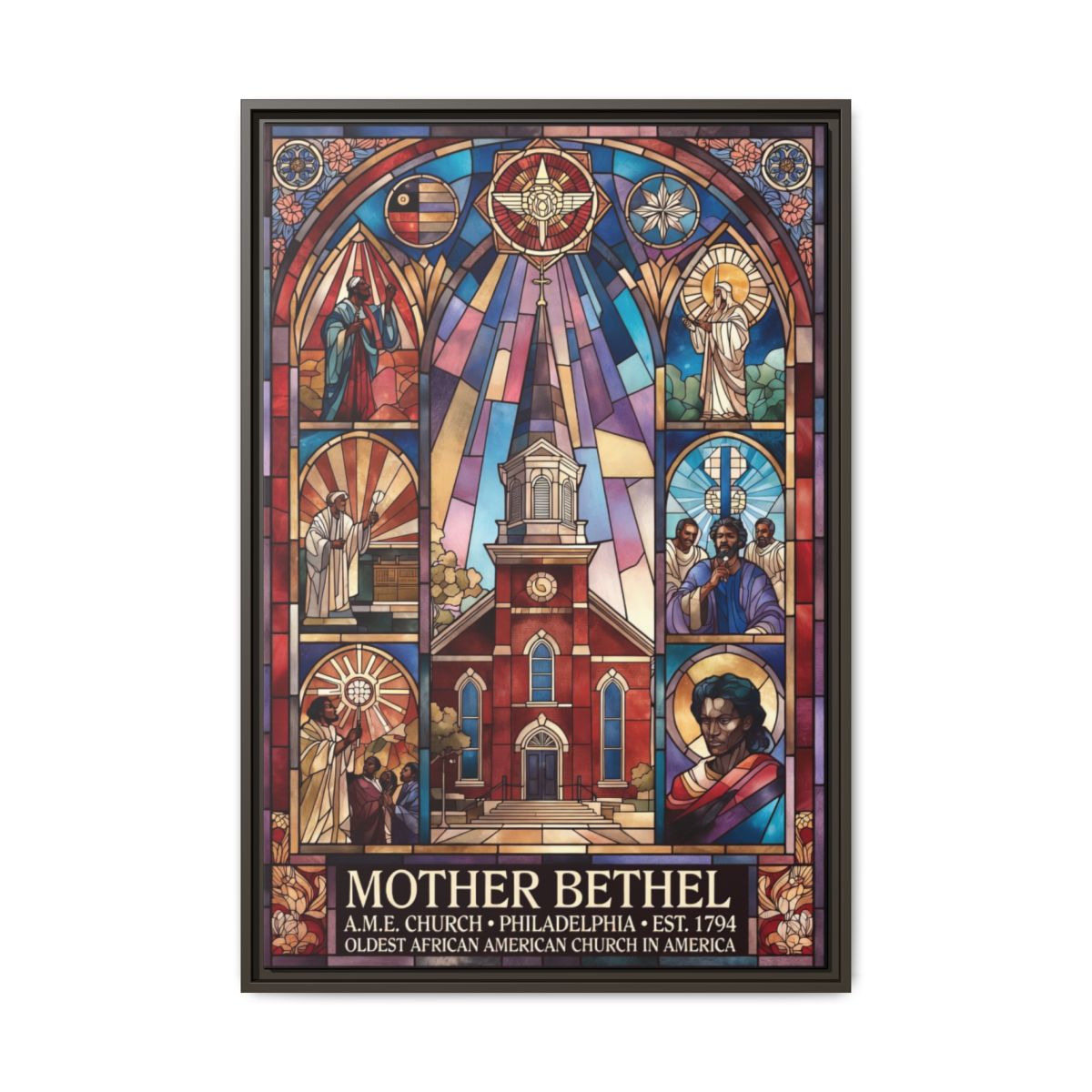 Mother Bethel Stained Glass Canvas Print — Framed Church Wall Art mockup 7