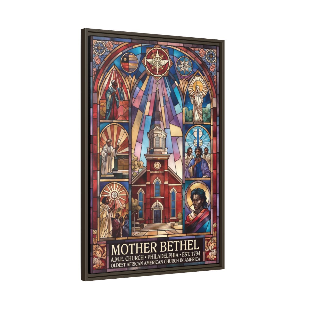 Mother Bethel Stained Glass Canvas Print — Framed Church Wall Art mockup 8