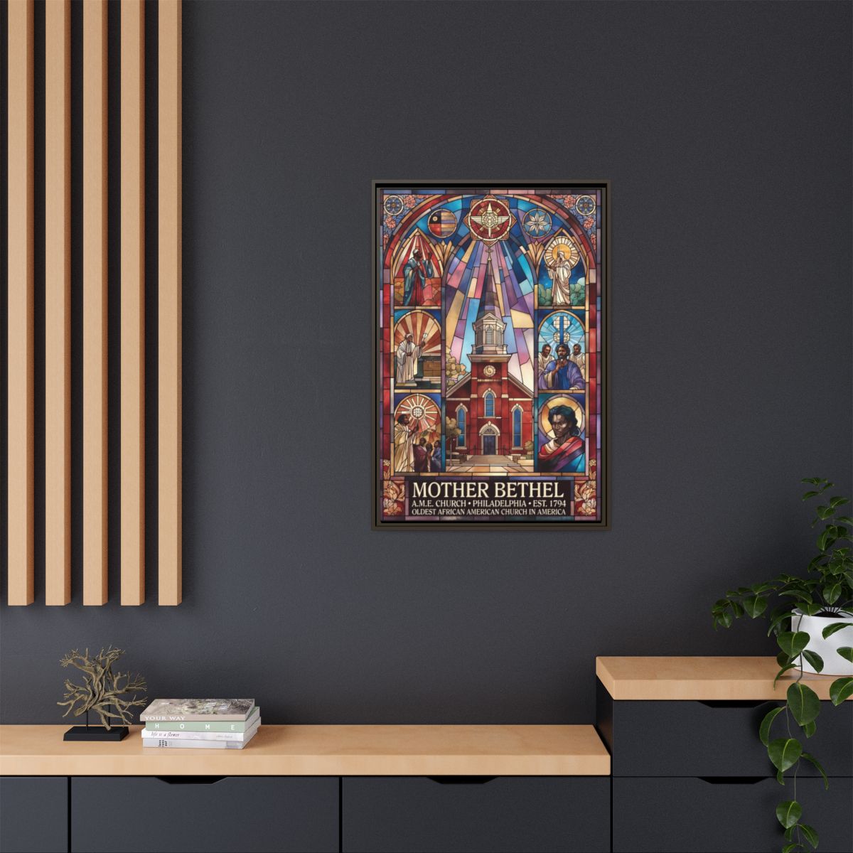 Mother Bethel Stained Glass Canvas Print — Framed Church Wall Art mockup 9