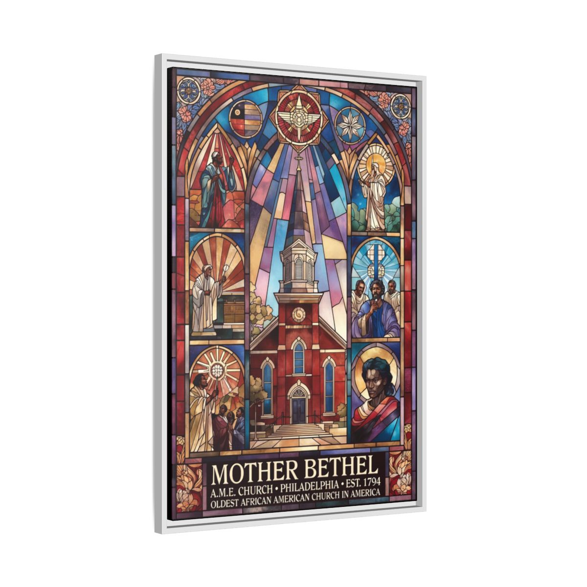Mother Bethel Stained Glass Canvas Print — Framed Church Wall Art mockup 11