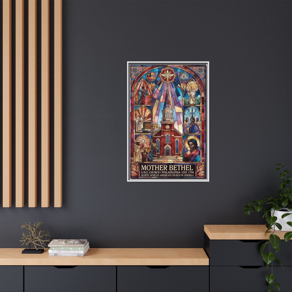 Mother Bethel Stained Glass Canvas Print — Framed Church Wall Art mockup 12